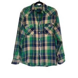 PASHARTUK‎ Mens Large Plaid Long Sleeve Snap Front Western Shirt Green Blue Tan